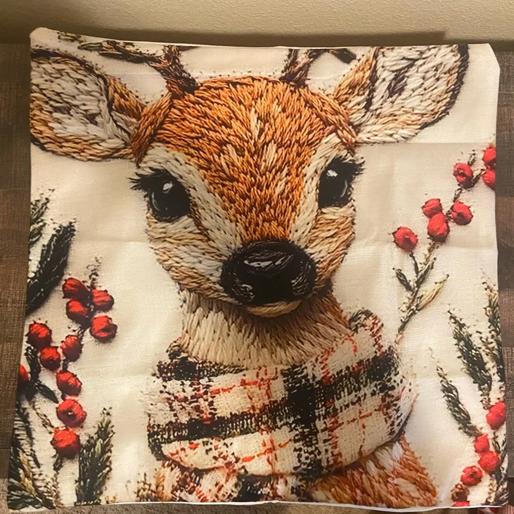 Winter Christmas Reindeer With Scarf Pillow Cover‎ 18x18 - Not 3D or Stitched